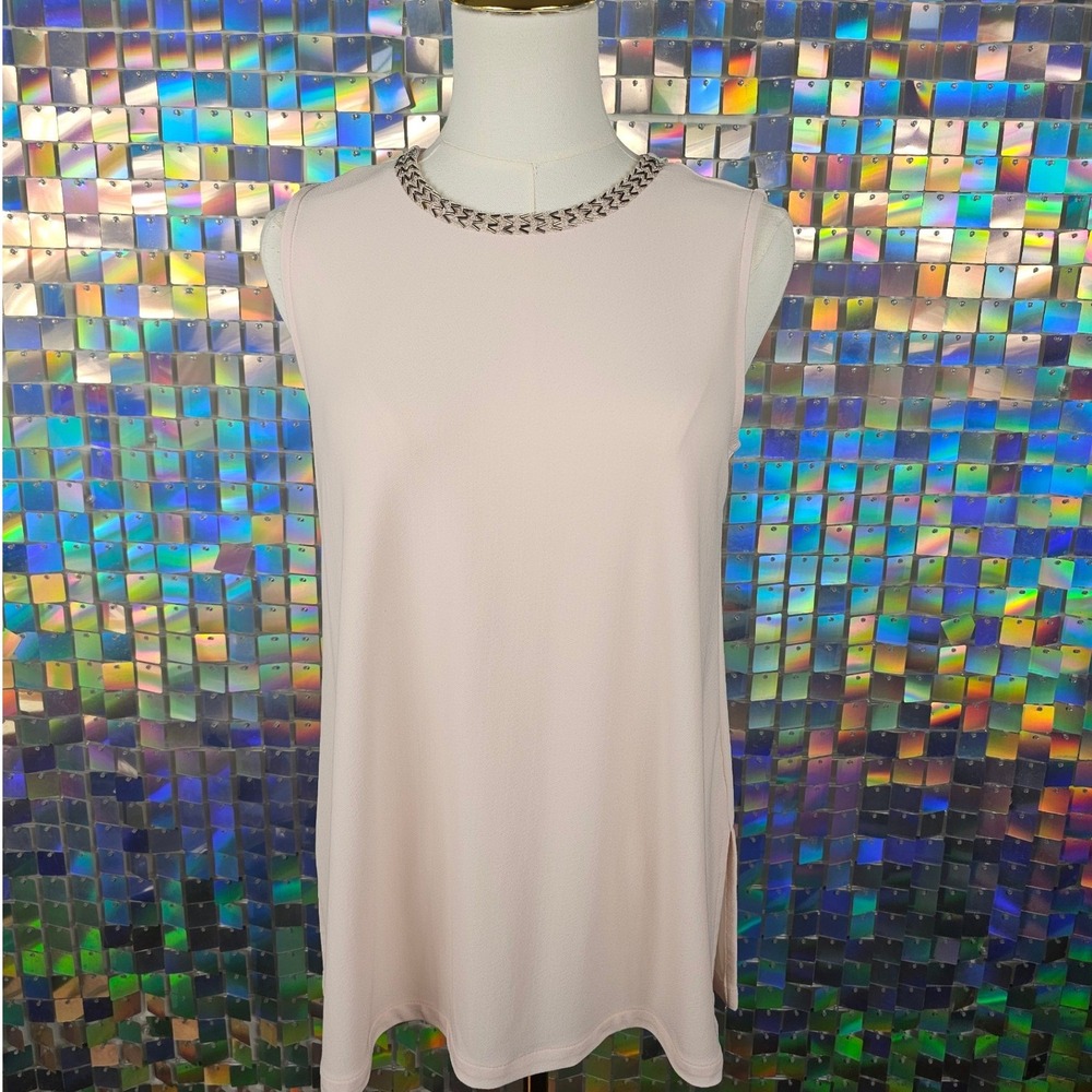Alfani Sleeveless Blouse Womens PM Blush Pink Excellent Beaded Neck Tunic Top